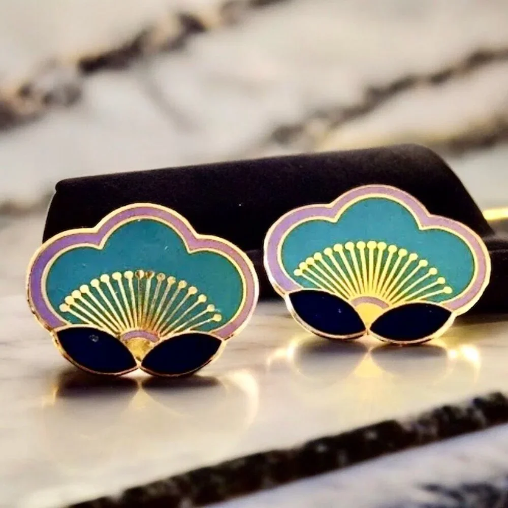 Laurel Burch Clip-On Enamel Earrings Plum Blossom Signed Vintage - Picture 7 of 12